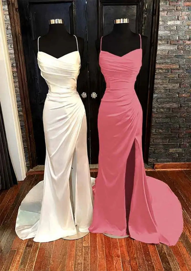 Sheath/Column V Neck Spaghetti Straps Sweep Train Satin Prom Dress With Pleated Split Formal Evening Gowns Backless