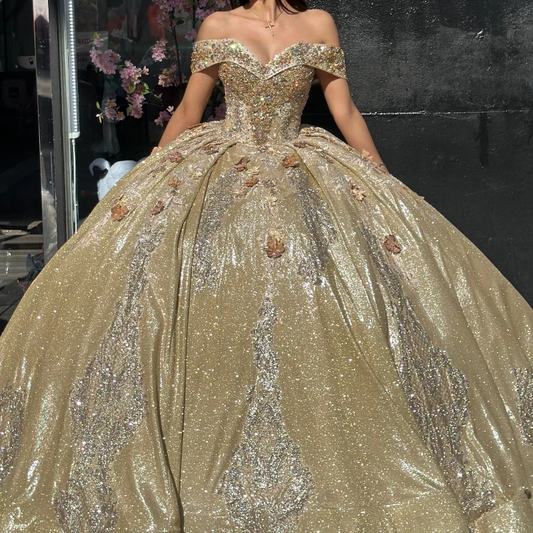 Gold Sexy Off the Shoulder Shiny Quinceanera Dresses Ball Gown Appliques Flower Beaded Mexican Sweet 16 Dresses 15 Anos