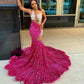 Sexy Diamonds Fuchsia Prom Dress For Black Girls Sheer Neck Sparkly Beading Crystal Rhinestones Sequins GownsBirthday Party