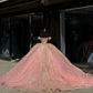 Pink Glitter Ball Gown Quinceanera Dresses Off The Shoulder Gold Applique Lace Beading Tull Corset Vestidos De 15 Años