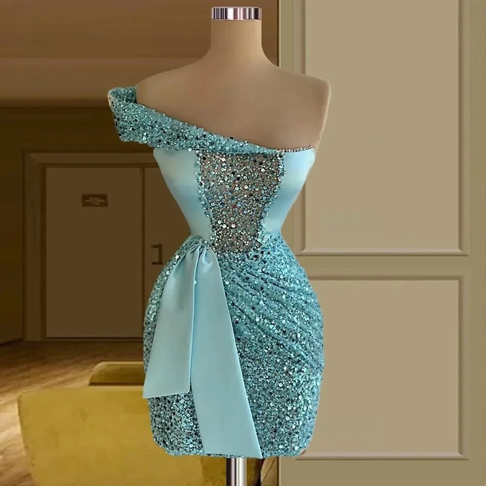 Light Blue Short Cocktail Dresses for Women Sheath One Shoulder Mini Sequins Homecoming Evening Dresses Haute Couture