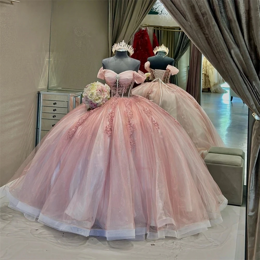 Pink Charro Quinceanera Dresses Ball Gown Off The Shoulder Tulle Appliques Mexican Sweet 16 Dresses 15 Anos