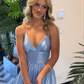 Sexy A line Backless Blue Slit Long Prom Dresses