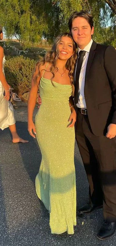 Spaghetti Straps Sparkly Long Prom Dresses Mermaid Prom Dress