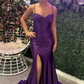 Grape Mermaid Straps Beaded Satin Long Prom Dress with Slit