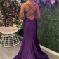 Grape Mermaid Straps Beaded Satin Long Prom Dress with Slit