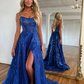 Royal Blue Sparkle Tulle Sequined Slit Long Prom Dress with Beads