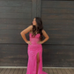 Hot pink lace mermaid prom dress slit evening dress