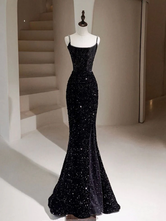 Black Mermaid Sequin Long Prom Dress, Black Formal Dress