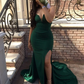 Green Strapless Mermaid Split Long Prom Dresses With Sweep Train, Mermaid Green Formal Dresses, Evening Dresses