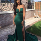 Green Strapless Mermaid Split Long Prom Dresses With Sweep Train, Mermaid Green Formal Dresses, Evening Dresses