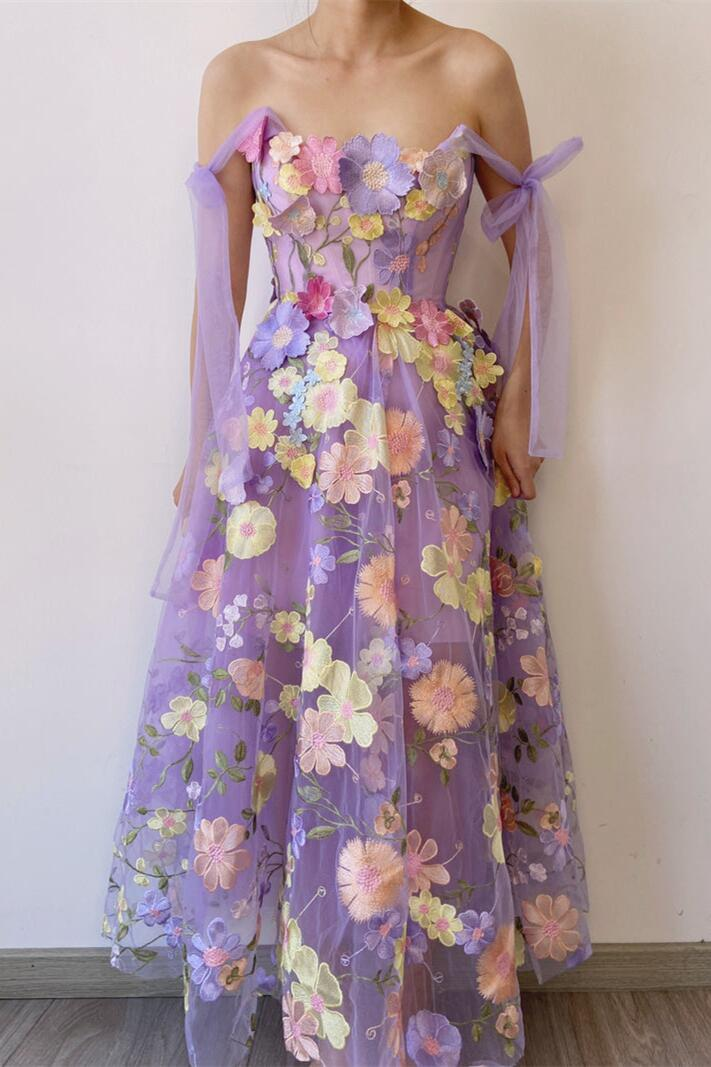 Lavender Floral Embroidery A-line Formal Dress