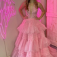 Halter Pink Appliques and Tulle Tiered Formal Dress