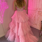 Halter Pink Appliques and Tulle Tiered Formal Dress