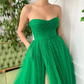 Charming Green Tulle Prom Dress Sleeveless Strapless Satin with High Slit