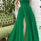 Charming Green Tulle Prom Dress Sleeveless Strapless Satin with High Slit