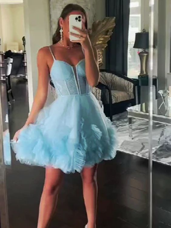 V Neck Short Prom Dresses, Short V Neck Pink Blue Formal Homecoming Dresses