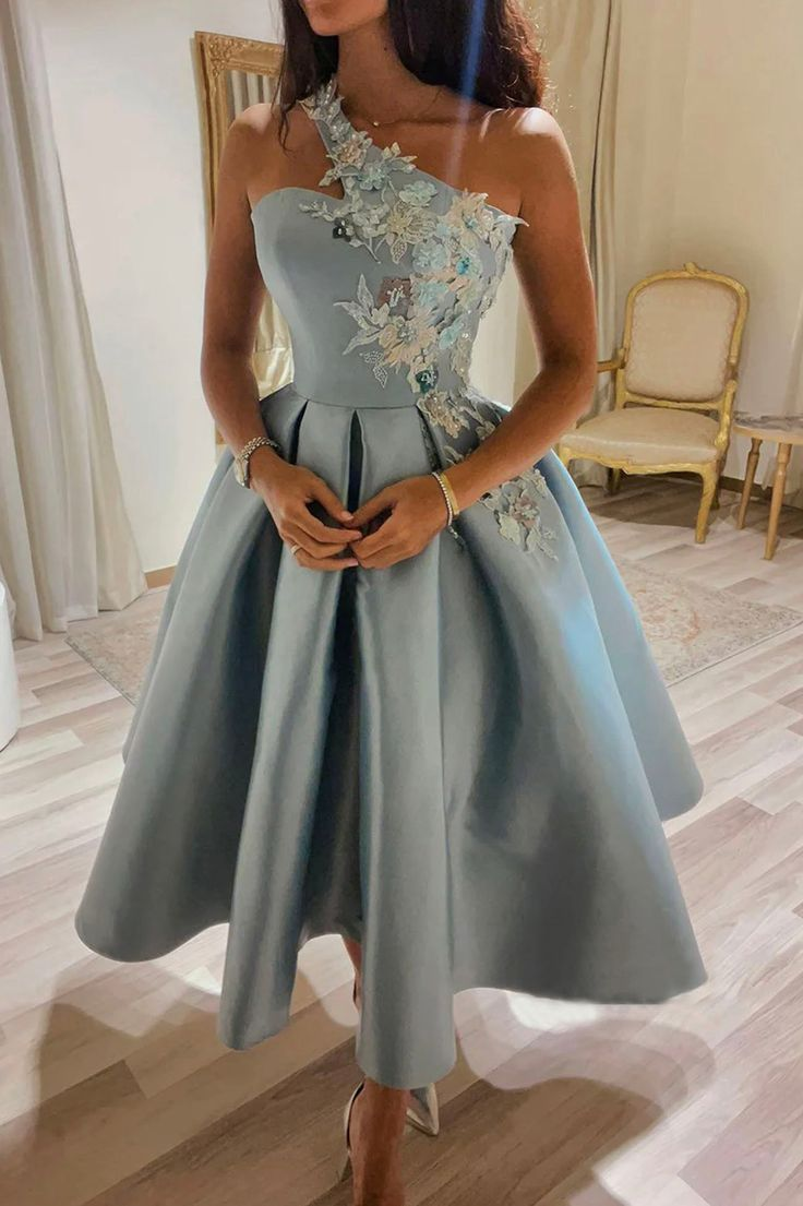 Cute One Shoulder Satin Lace Short Prom Dress, A-Line Party Dress