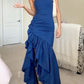 Blue Strapless Ruffles Mermaid Prom Dress Elegant Evening Dress