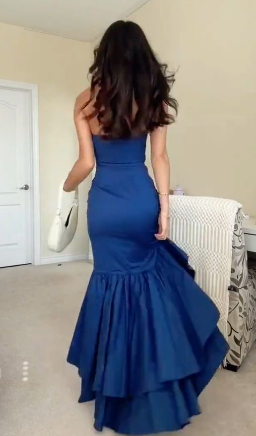 Blue Strapless Ruffles Mermaid Prom Dress Elegant Evening Dress