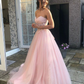 Pink Strapless Lace Long Prom Dresses, A-Line Evening Dresses