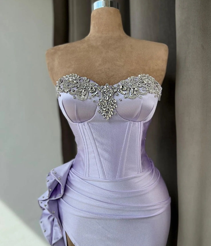 Light Purple Prom Dress With Rhinstone High Slit Gown Sleeveless