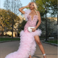 Long Sleeve Pink Ruffle Mermaid Prom Dresses Sparkly Rhinestones Beaded Black Girls Side Slit Luxury Long Prom Gala Gowns 2024