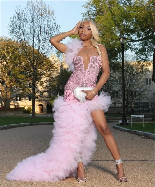 Long Sleeve Pink Ruffle Mermaid Prom Dresses Sparkly Rhinestones Beaded Black Girls Side Slit Luxury Long Prom Gala Gowns 2024