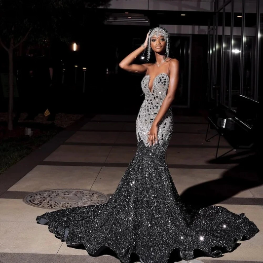 African Grey Velvet Sequin Silver Mirror Pieces Prom Dresses 2024 Luxury Gowns Wedding Dress Shinny Mermaid Birthday Party Gown