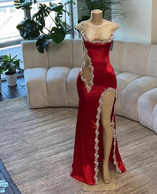 Sexy Red Beaded Spaghetti Mermaid Prom Dresses 2024 Luxury Gown One Shoulder Slit Birthday Dress Black Girl Middle East robe