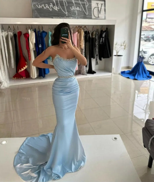 Sky Blue Mermaid Evening Dresses Beading Crystal Prom Gowns Elegant Satin Formal Party Dresses 2024