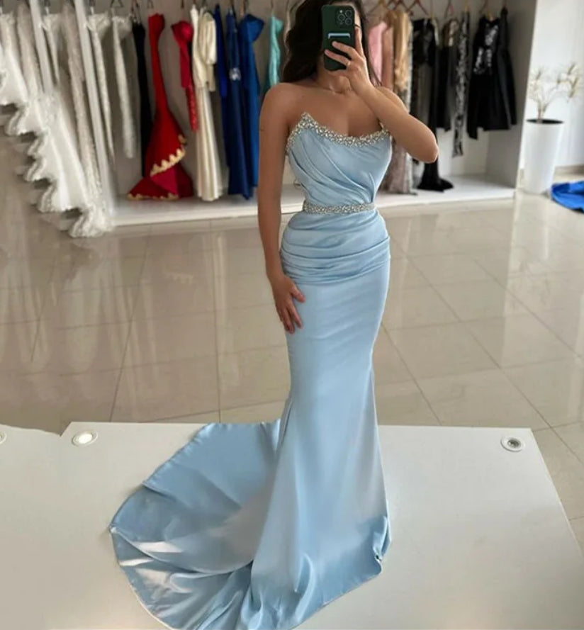 Sky Blue Mermaid Evening Dresses Beading Crystal Prom Gowns Elegant Satin Formal Party Dresses 2024