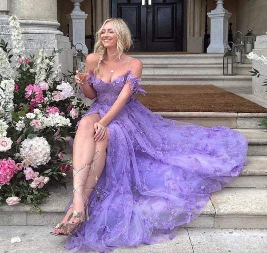 A Line Purple Formal Party Dresses Lace Off The Shoulder Slit Women Evening Prom Dress Bride Wedding Occasion Gowns