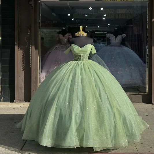 Sage Green Luxury Quinceanera Dresses Off The Shoulder Green Ball Gown Prom Dress Vestidos De 15 Anos Quinceaneras