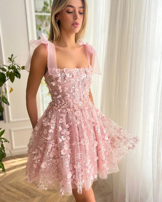 Romantic 3D Flower Mini Homecoming Dress Bohemian Spaghetti Straps Sequins Cocktail Party Gown Popular Vestidos De Novia