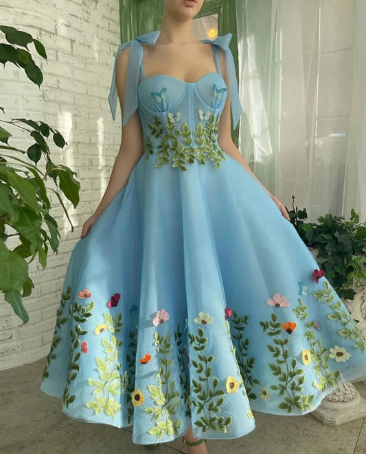 Prom Gown Spaghetti Strap A-line Tea-Length Evening Dresses 2024 Exquisite Applique Birthday Party Dresses