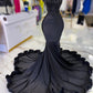 Elegant Strapless Long Prom Dress For Black Girls Beaded Crystal Birthday Party Dresses Feathers Evening Gowns Mermaid Lace