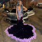 Glitter Diamond Black Mermaid Prom Dress Black Girl Sequin Crystal Beads Feathers Evening Party Gown Formal robe chic soirée