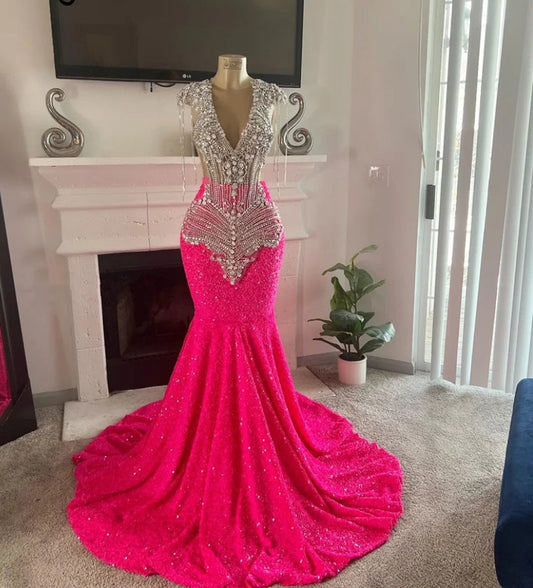 Glitter Diamonds Fuchsia Mermaid Prom Dress 2024 Crystal Rhinestone Beading Sequins Gown For Black Girls Birthday Party Dress