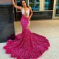 Sexy Diamonds Fuchsia Prom Dress For Black Girls Sheer Neck Sparkly Beading Crystal Rhinestones Sequins GownsBirthday Party