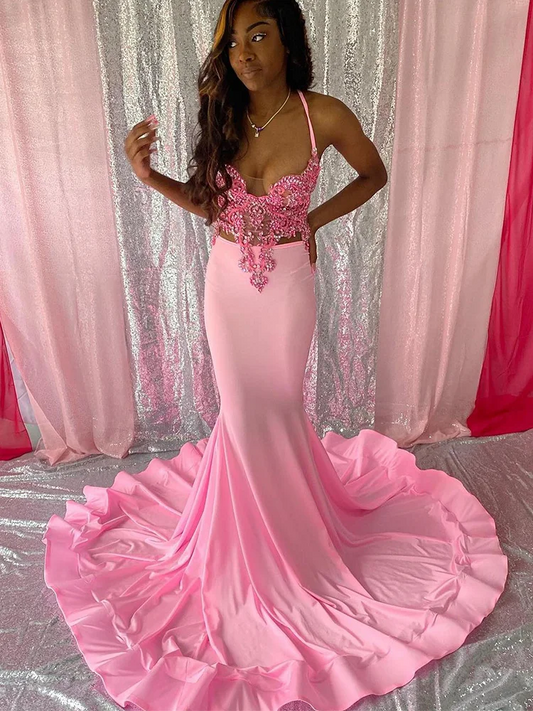 Long Sheer Pink Mermaid Prom Dresses 2024 Black Girls vestidos de gala evening dresses woman elegant
