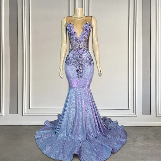 Light Purple Rhinestones Sheer O Neck Prom Dresses Luxury Glitter Lilac Long Black Girls Prom Gala Gowns 2024