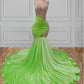 Illusion Fluorescent Green Beaded Applique Mermaid Prom Dresses For Black Girl Gorgeous Luxury Evening Dress Wedding Party Gown