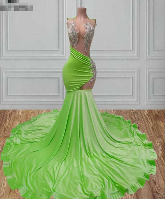 Illusion Fluorescent Green Beaded Applique Mermaid Prom Dresses For Black Girl Gorgeous Luxury Evening Dress Wedding Party Gown