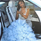 Sparkly Diamonds Long Blue Prom Dress 2024 For Black Girls Crystal Rhinestone Beading Tiered Ruffle Birthday Party Dress Robe