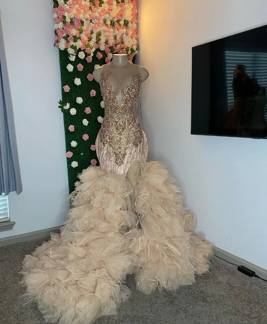 Sexy Champagne Mermaid Prom Dress 2024 Luxury Diamante Appliqué High Split Lace Black Girl Queen Dress Robe Chic Soirée Femme