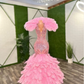 Luxury Peach Pink Prom Dress 2024 Sparkling See Through Diamante Beaded Applique Feather Mermaid Black Girl Vestidos De Gala