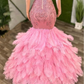 Luxury Peach Pink Prom Dress 2024 Sparkling See Through Diamante Beaded Applique Feather Mermaid Black Girl Vestidos De Gala