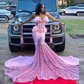 Pink Wedding Reception Gowns Lace Prom Dress For African Women Beads Feathers Long Train Mermaid Evening Dress