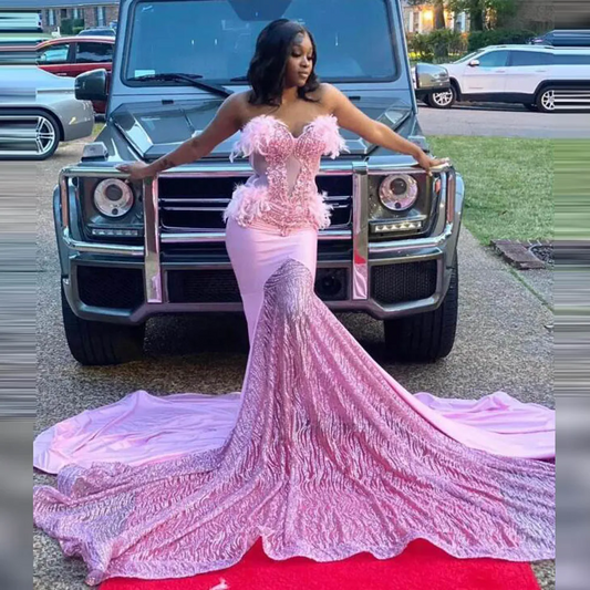 Pink Wedding Reception Gowns Lace Prom Dress For African Women Beads Feathers Long Train Mermaid Evening Dress